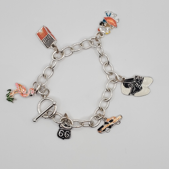 Silver Tone Charm Bracelet Six Charms Route 66 Rock and Roll - Picture 1 of 7